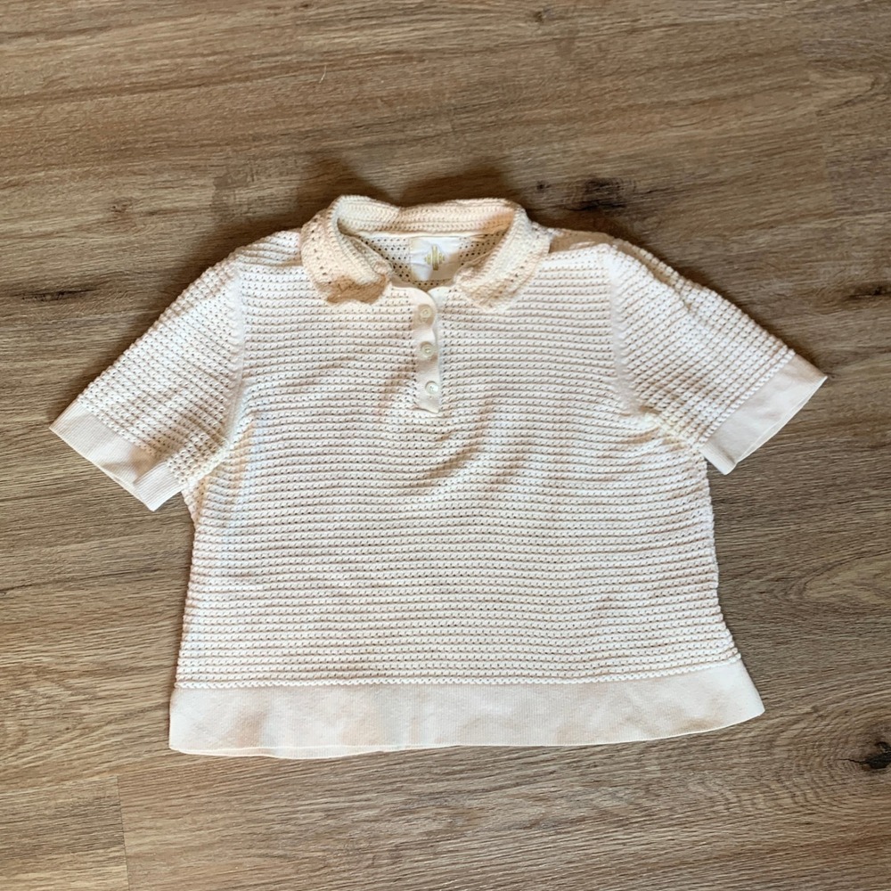 Anthropologie HWP Crochet Knit Collared Short Sleeve Top in Cream - Size